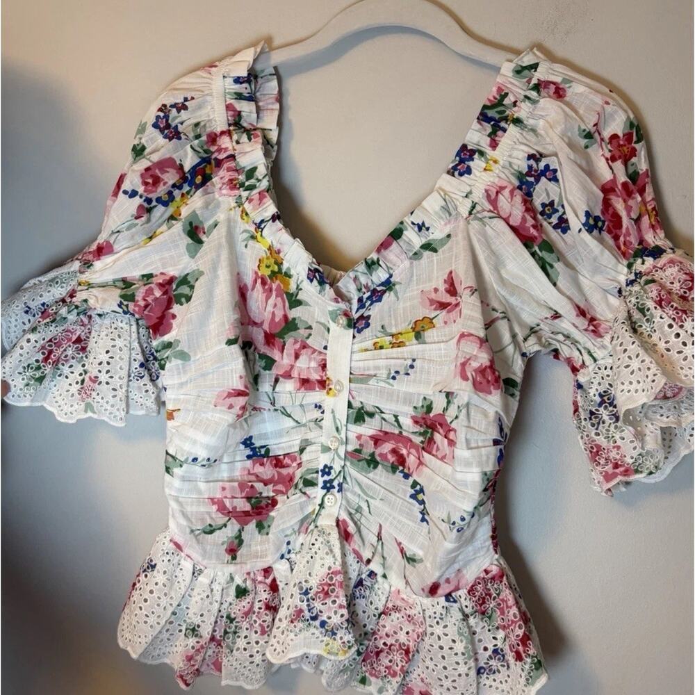 By Timo Cotton Puff Sleeve Top Eyelet Details Floral Sz S NWT $205